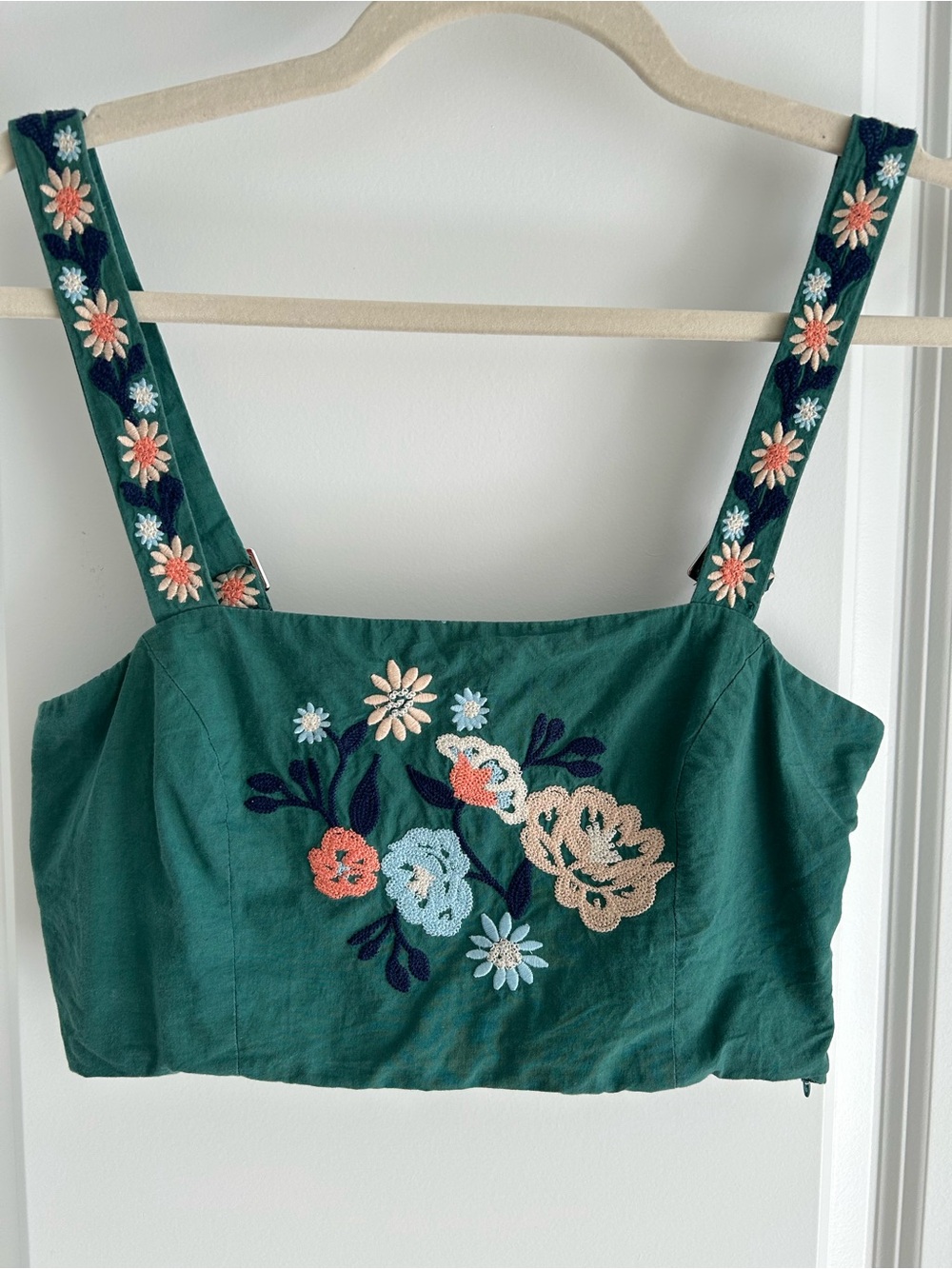 MARBLE Forest Green Embroidered Floral Crop Top